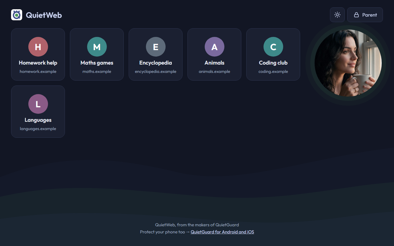 QuietWeb start page in dark mode