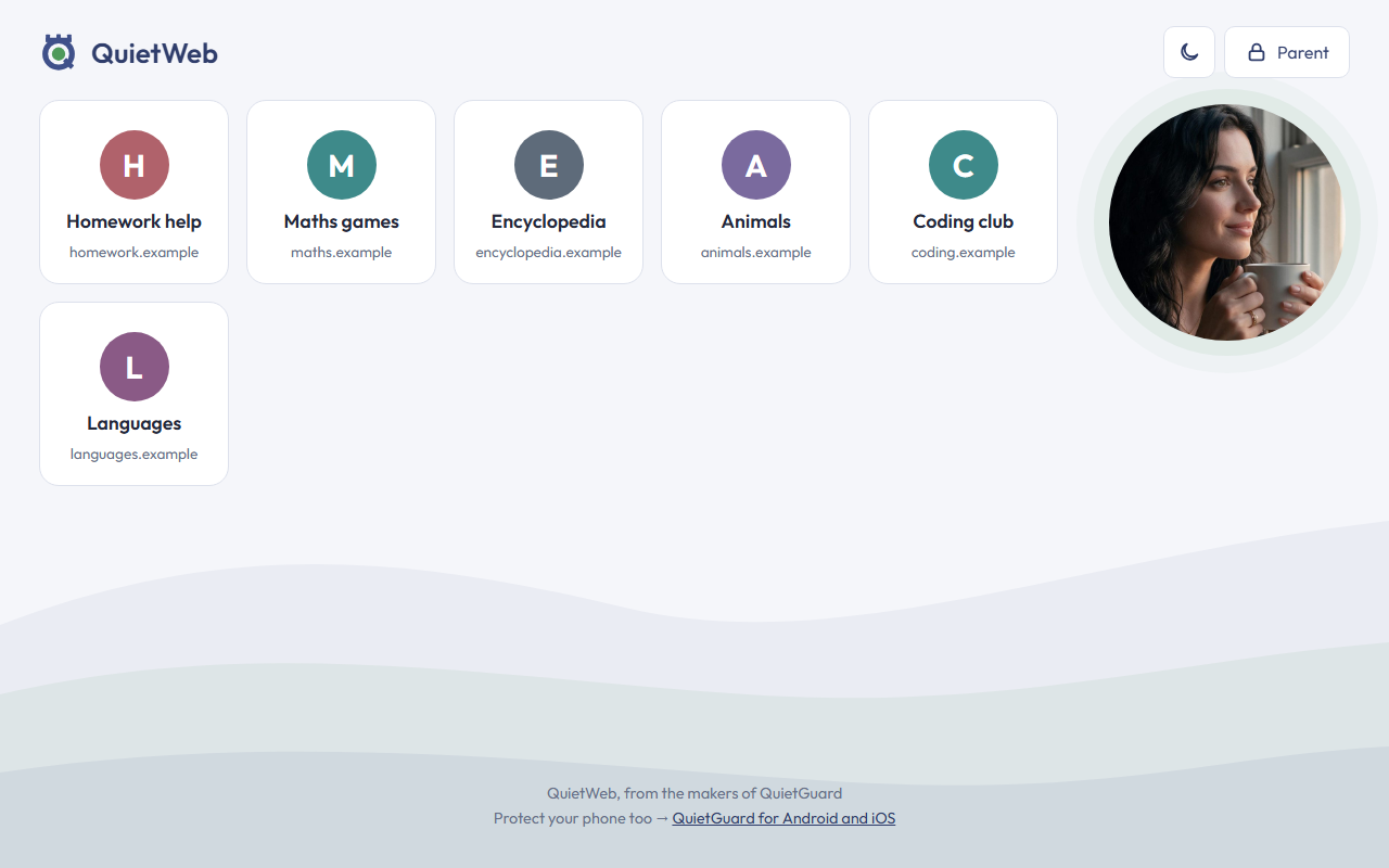 QuietWeb start page with big tiles for each saved website